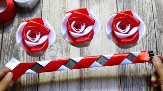 Amazing ribbon flower trick  easy rose making with Ruler ribbon flower crafts ideas [upl. by Enehpets]