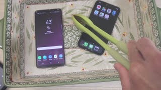 Samsung Galaxy S9 Plus vs iPhone X  HOT Water Test Can they handle the BOIL [upl. by Arymat]