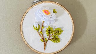 White Rose Ribbon Embroidery Tutorial [upl. by Alemat79]