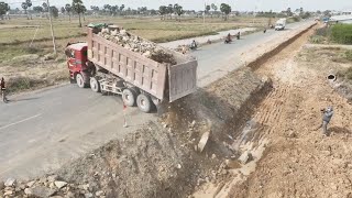 Huge Project Roadside Expand Technology Skills Truck Unloading Stone Excavator Spreading Stone [upl. by Kcirdef]