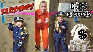 SHACKLED SARDINES in a HUGE BOX FORT MAZE Cops and Robbers Family Hide and Seek Game [upl. by Hyacintha23]