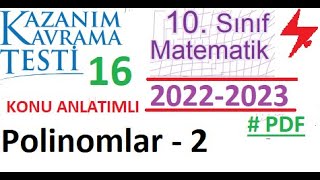 10 Sınıf  Kazanım Testi 16  Polinomlar 2  MEB  2022 2023  Matematik  PDF  TYT  AYT [upl. by Ardnala]