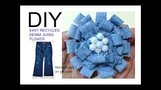 diy Recycled DENIM FLOWER  2 no sew fabric flower accessories what to do with old jeans [upl. by Dobrinsky]