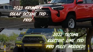 Fully Modded 2022 Electric Lime Tacoma TRD Pro and Brand New 2023 Solar Octane 4Runner TRD Pro [upl. by Seabrook]