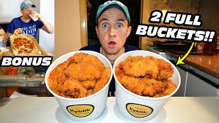 EATING TWO BUCKETS OF CHICKEN STRIPS AND FRIES CHALLENGE  Spicy Pizza Eating Contest Bonus [upl. by Cohbath]