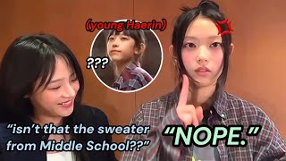 Minji LAUGHS about Haerin’s Middle School SWEATER RUMOR  NewTea [upl. by Ahseeyt]