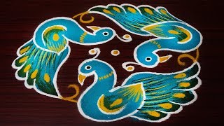 simple and beautiful peacock rangoli designseasy kolam designs with 7x4 dotsbeginners rangoli [upl. by Prebo215]