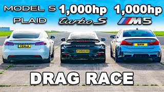 1000hp M5 v 1000hp 911 Turbo v Model S Plaid DRAG RACE [upl. by Carmine918]