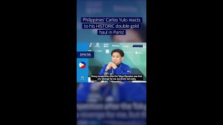 Philippines Carlos Yulo reacts to his HISTORIC doublegold haul in Paris shorts Olympics Gymnast [upl. by Coucher]