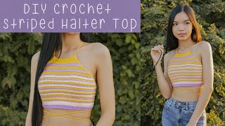 DIY Crochet Striped Halter Top  Halter Top Crochet Tutorials  Chenda DIY [upl. by Reynolds]