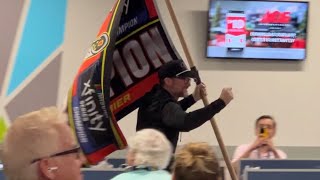 Dale Earnhardt Jr Runs into Media Center with Championship Flag quotWere Going Full Throttlequot [upl. by Dugan]