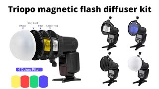 triopo budget magnetic flash speedlite diffuser kit with universal holder dome honeycomb grid 4 gels [upl. by Yadrahs565]