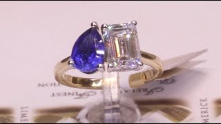 98012  S156ct202ct  Emerald Cut Diamond and Pear Sapphire Two Stone  18ct Yellow Gold [upl. by Attelrac662]