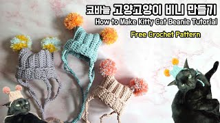 한시간만에 만드는 코바늘 고양고양이 비니 만들기  Crochet Kitty Cat Beanie Tutorial  Free Pattern [upl. by Aihsinat92]