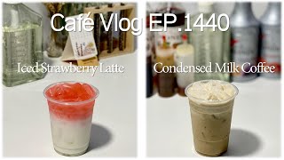 Cafe Vlog EP1440  Iced Strawberry Latte  Condensed Milk Coffee  Drink Recipe [upl. by Sidell]