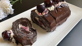 Black Forest Crepe Roll Cake  Chocolate Crepe Roll with Cherry  3 Recipe in a video [upl. by Adnilim]