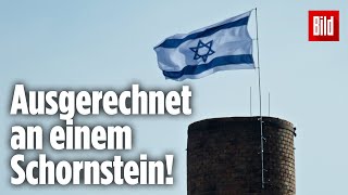 Am HolocaustGedenktag IsraelFlagge auf FabrikSchornstein in Leipzig gehisst [upl. by Elia]