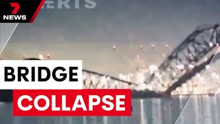 Catastrophic collision Cargo ship causes bridge collapse  7 News Australia [upl. by Aneeras14]