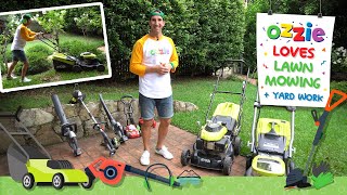 Lawn Mowers For Children  Yard Work Fun  Learn About Mowers Blowers Edgers With Ozzie [upl. by Nahtannhoj301]